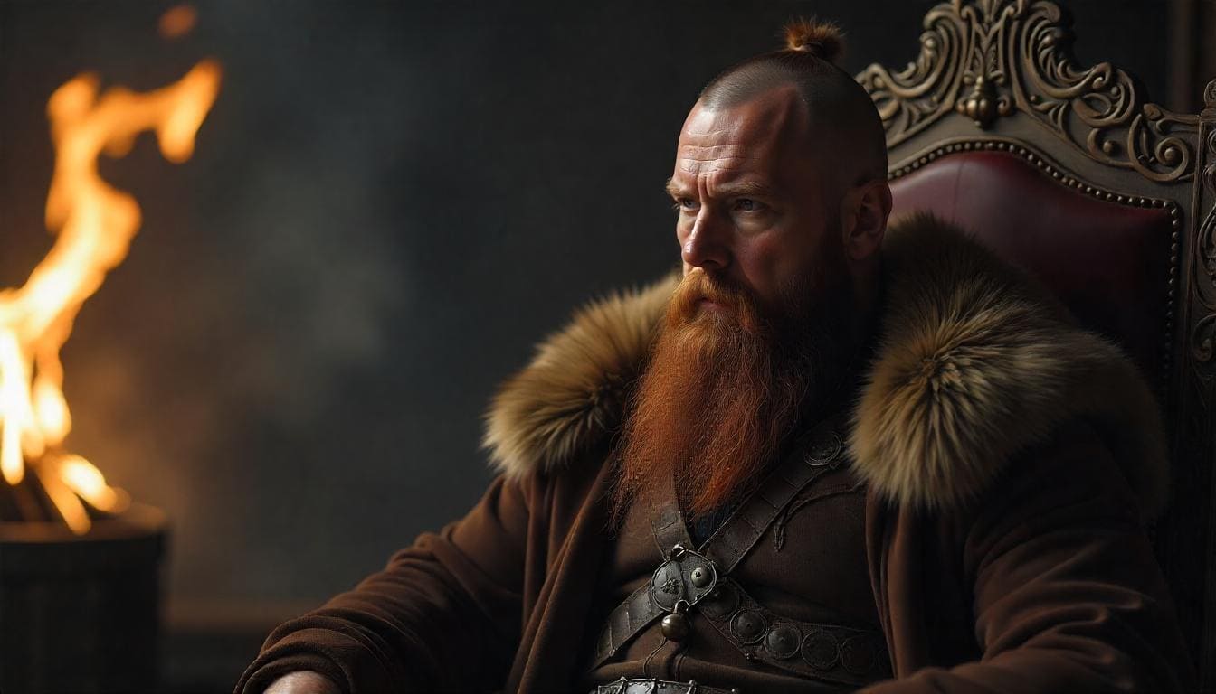 Bald individual with a thick, full Viking-style beard, conveying a rugged appearance.